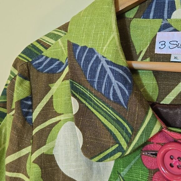 3 Sisters Linen Blend Floral Cropped Blazer Jacket Sz XL Cotton 3/4 Sleeve Boxy - Picture 7 of 16